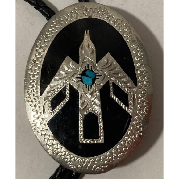 Vintage Metal Bolo Tie, Nice Silver and Turquoise Bird Design,